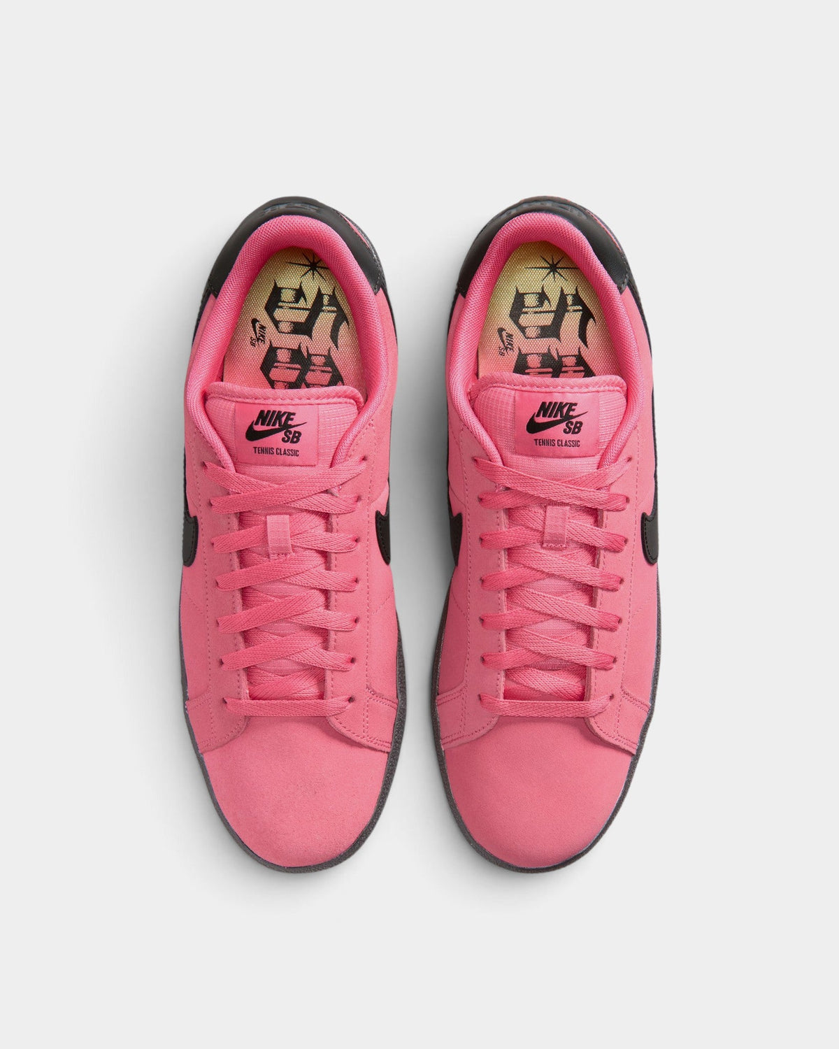 Lockwood Avenue Nike SB Zoom Tennis Classic sneakers in pink suede with black accents and Club 58 graphic insoles.