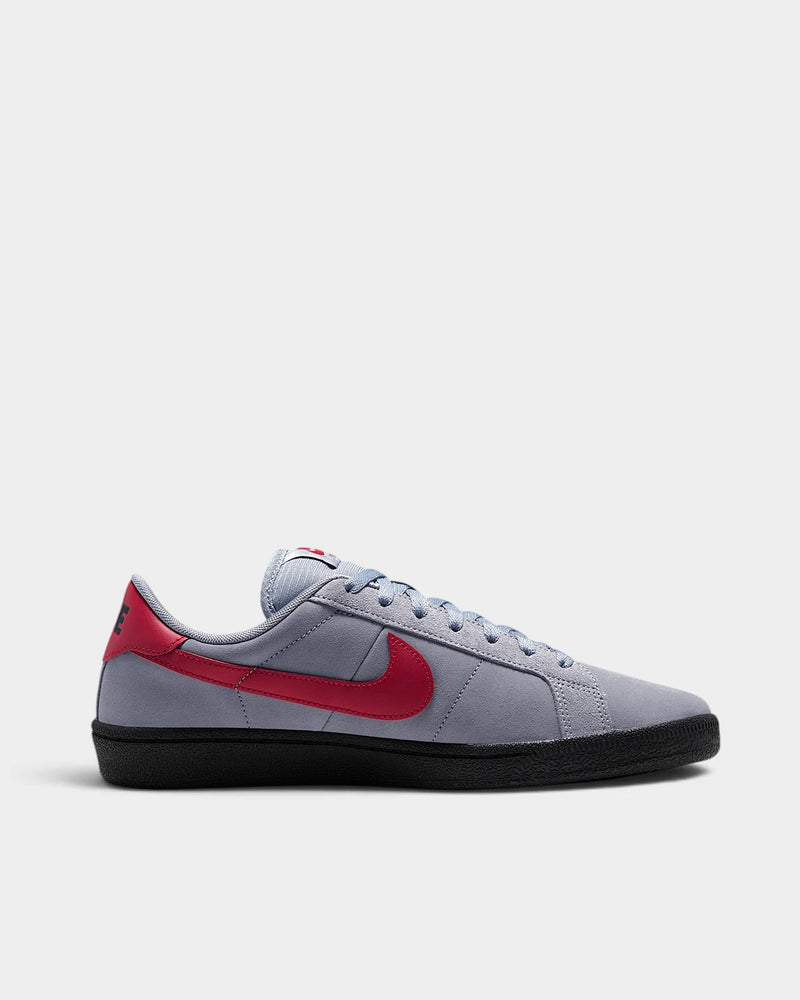 Nike SB Zoom Tennis Classic Shoes in Stealth/Gym Red/Black, right shoe in side profile, showing the slate blue-grey suede upper with a red Swoosh and heel tab on a black sole