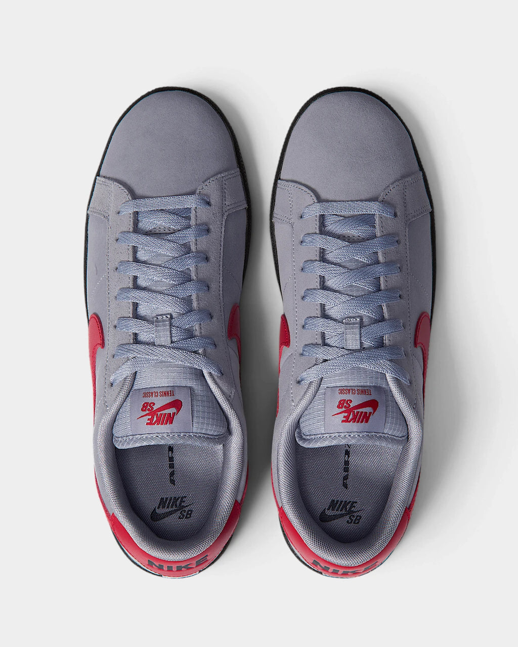 Nike SB Zoom Tennis Classic Shoes in Stealth/Gym Red/Black, both shoes from above, toes up, showing the grey laces and red tongue label