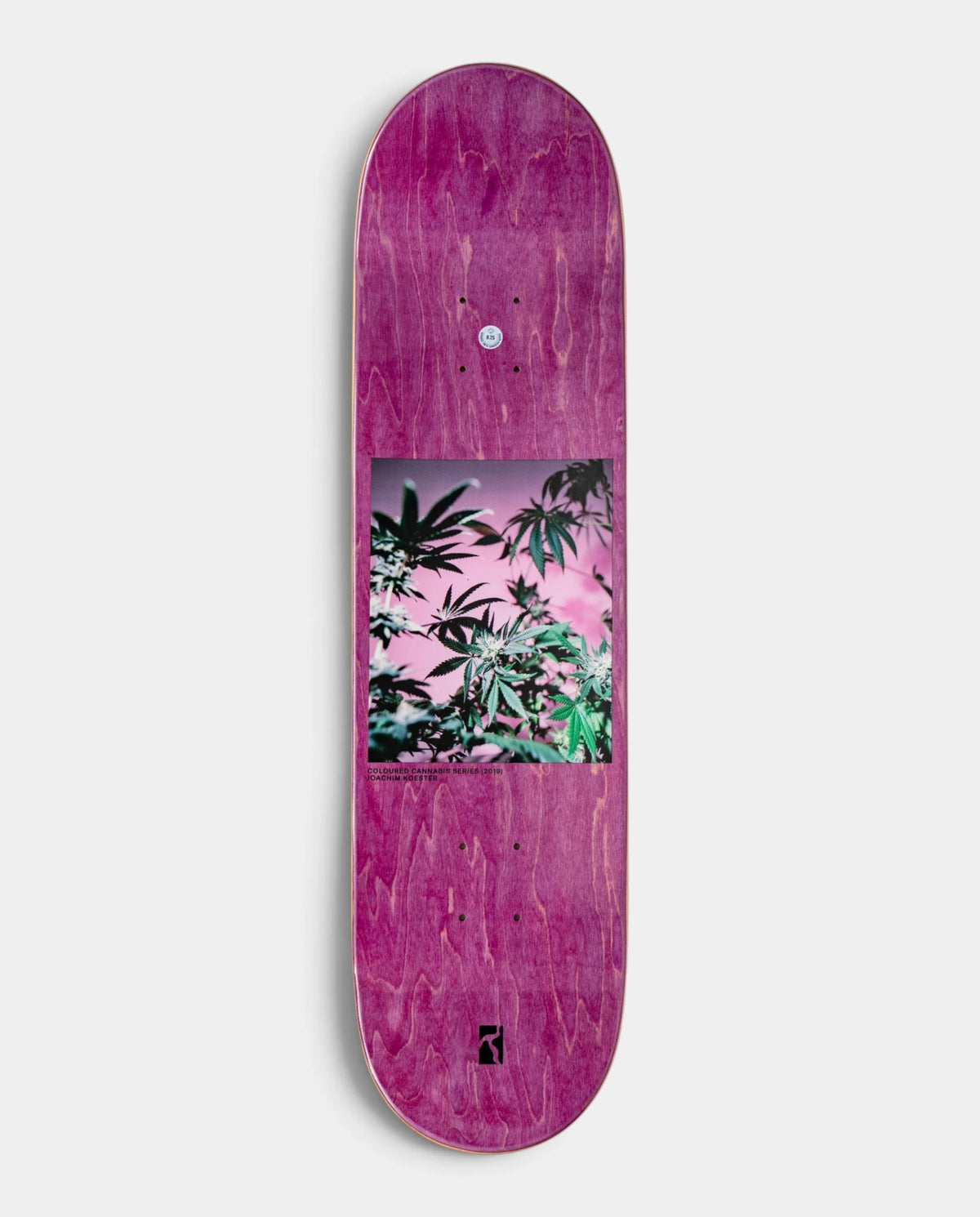 Lockwood Avenue Poetic Collective Coloured Cannabis Series 2 deck, other side, purple stained veneer with a square cannabis photo in the middle