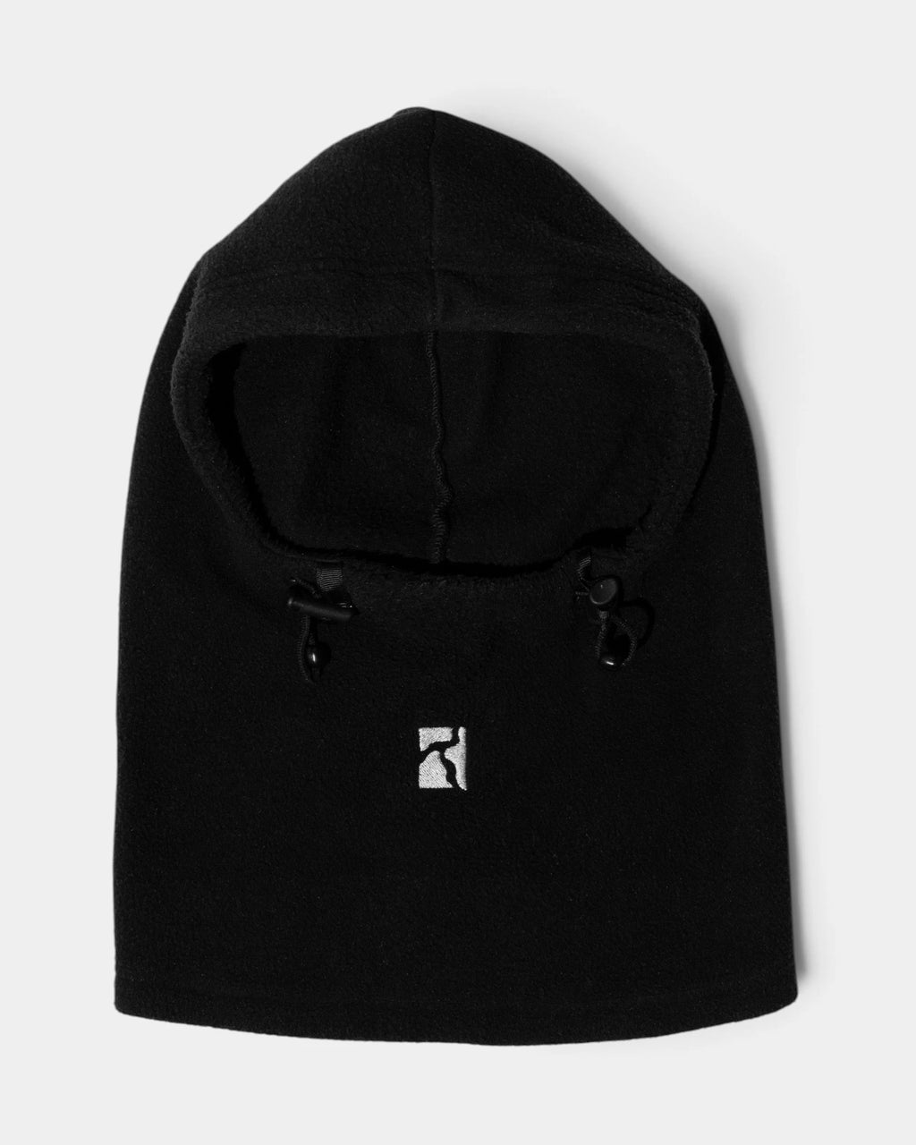 Lockwood Avenue Poetic Collective Fleece Balaclava in black, front view with drawstring toggles at the face opening and a white embroidered logo at the chin