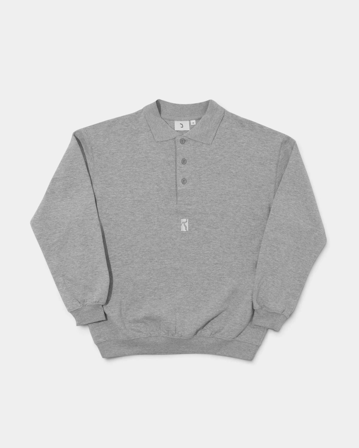 Lockwood Avenue Poetic Collective Heavy Polo in heather grey, front view of the polo sweat with a three-button placket and ribbed cuffs and hem