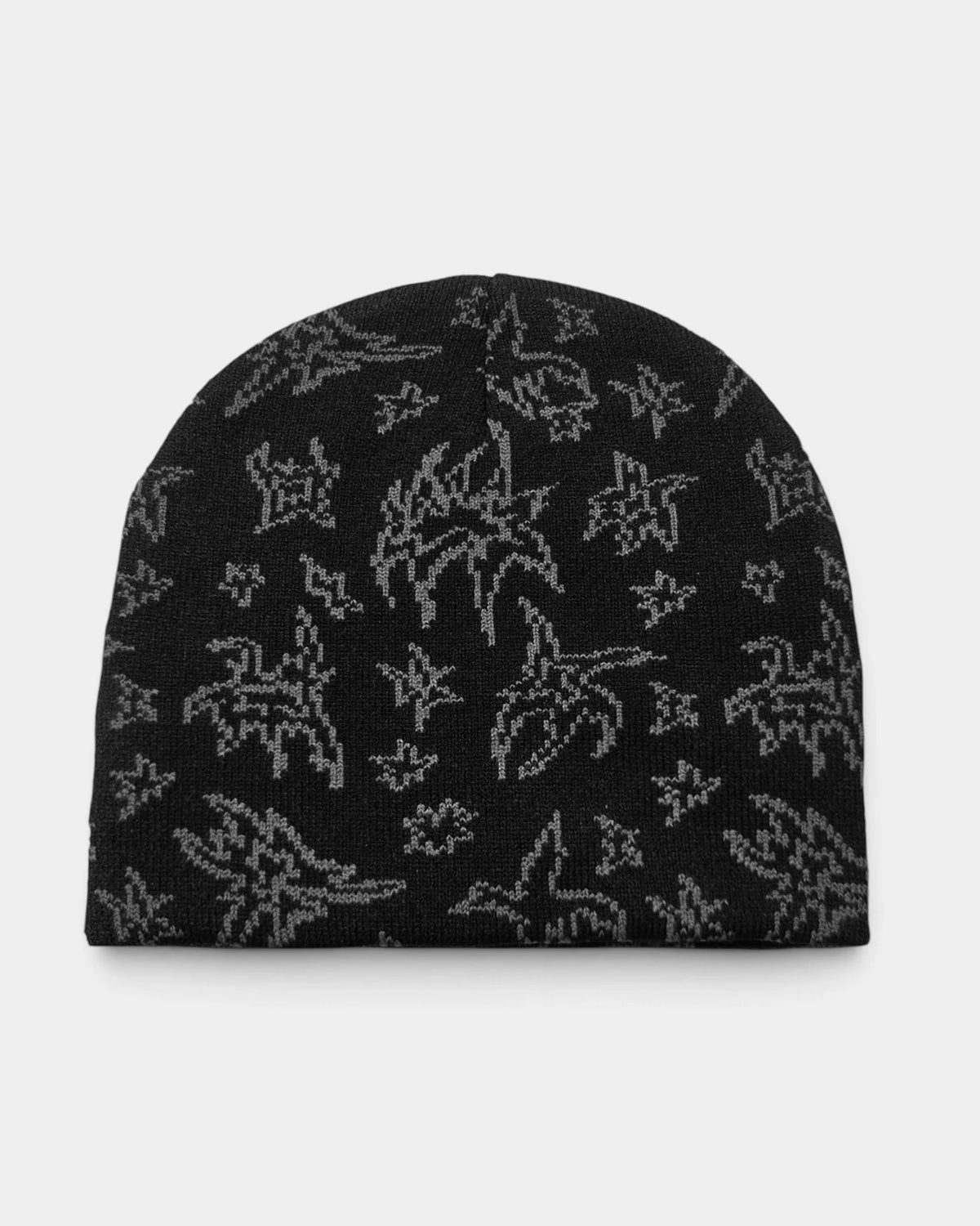 Lockwood Avenue Poetic Collective Nocturnal Skull Beanie in black, flat view of the no-fold knit with a grey all-over pattern of spiky star shapes