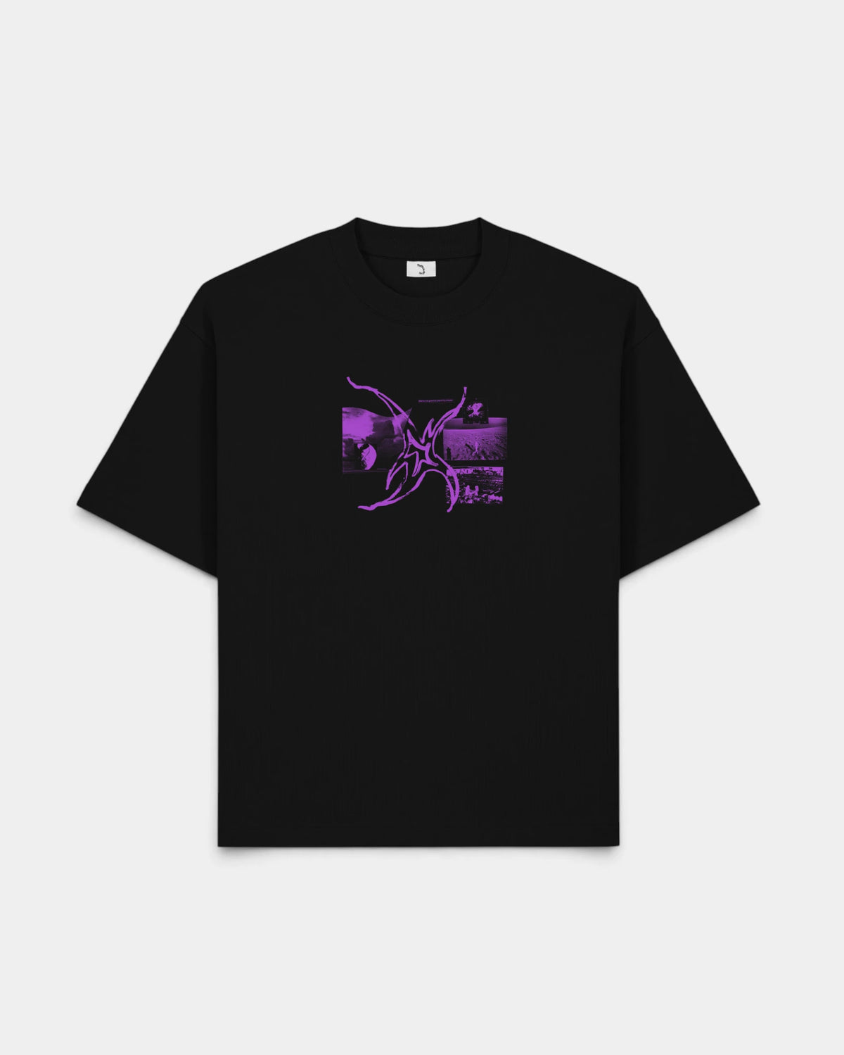 Lockwood Avenue Poetic Collective Planning Ahead T-Shirt in black, front view with a purple photo graphic across the chest
