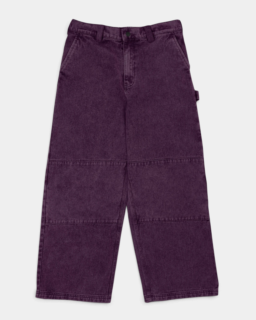 Lockwood Avenue Poetic Collective Sculptor Pants in Purple Acid Denim Wash, front view of the wide-leg denim with double knees and an elastic waist