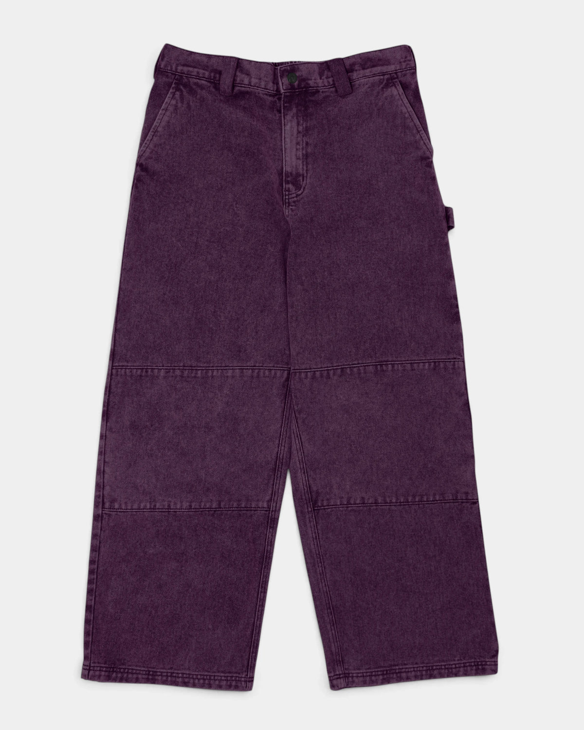 Lockwood Avenue Poetic Collective Sculptor Pants in Purple Acid Denim Wash, front view of the wide-leg denim with double knees and an elastic waist