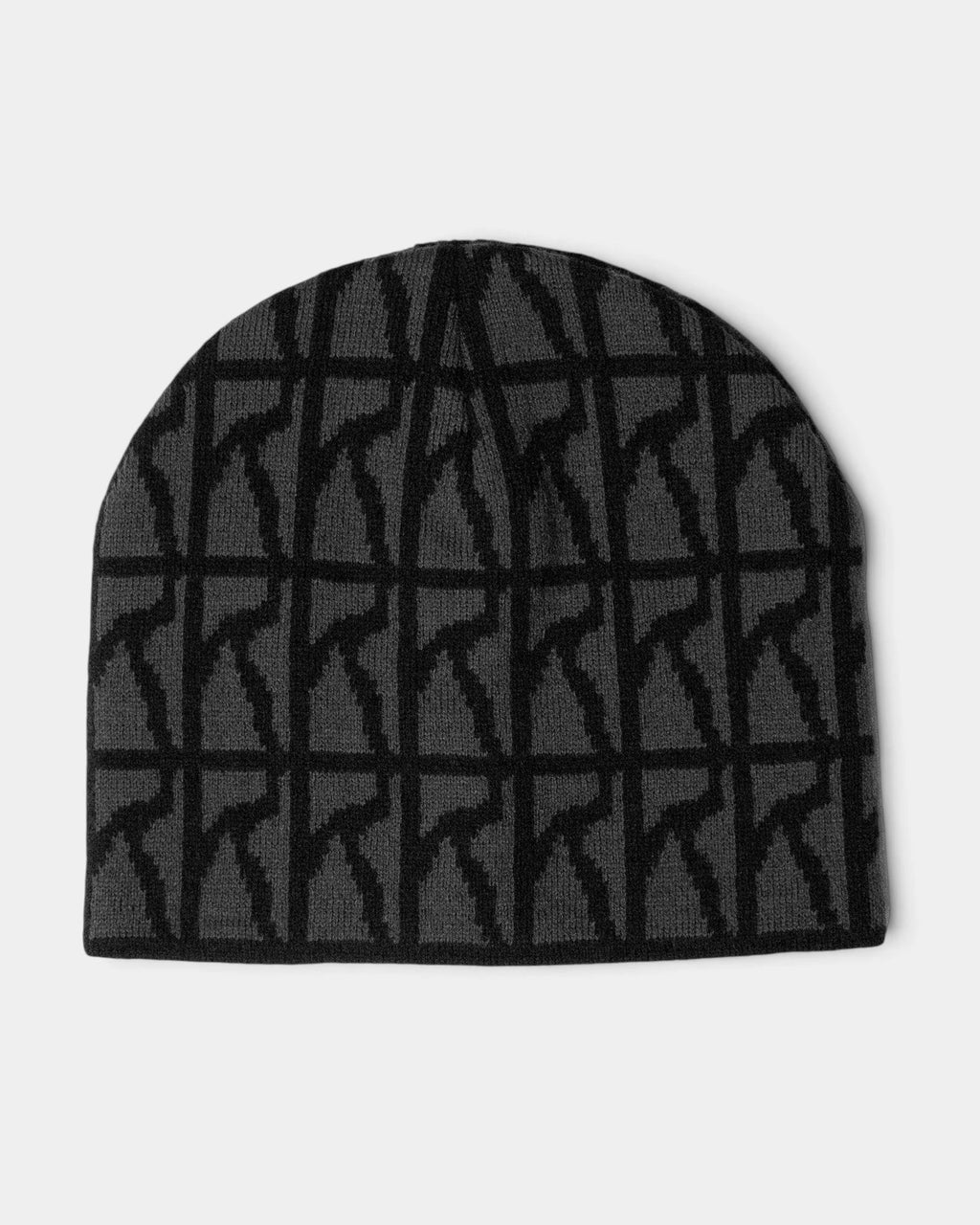Lockwood Avenue Poetic Collective Skull Beanie in Logo Pattern, flat view of the no-fold black knit with a grey all-over logo pattern