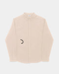 Lockwood Avenue Poetic Collective Spray Embroidery Shirt in beige, front view of the button-up with the spray logo embroidered in black near the hem
