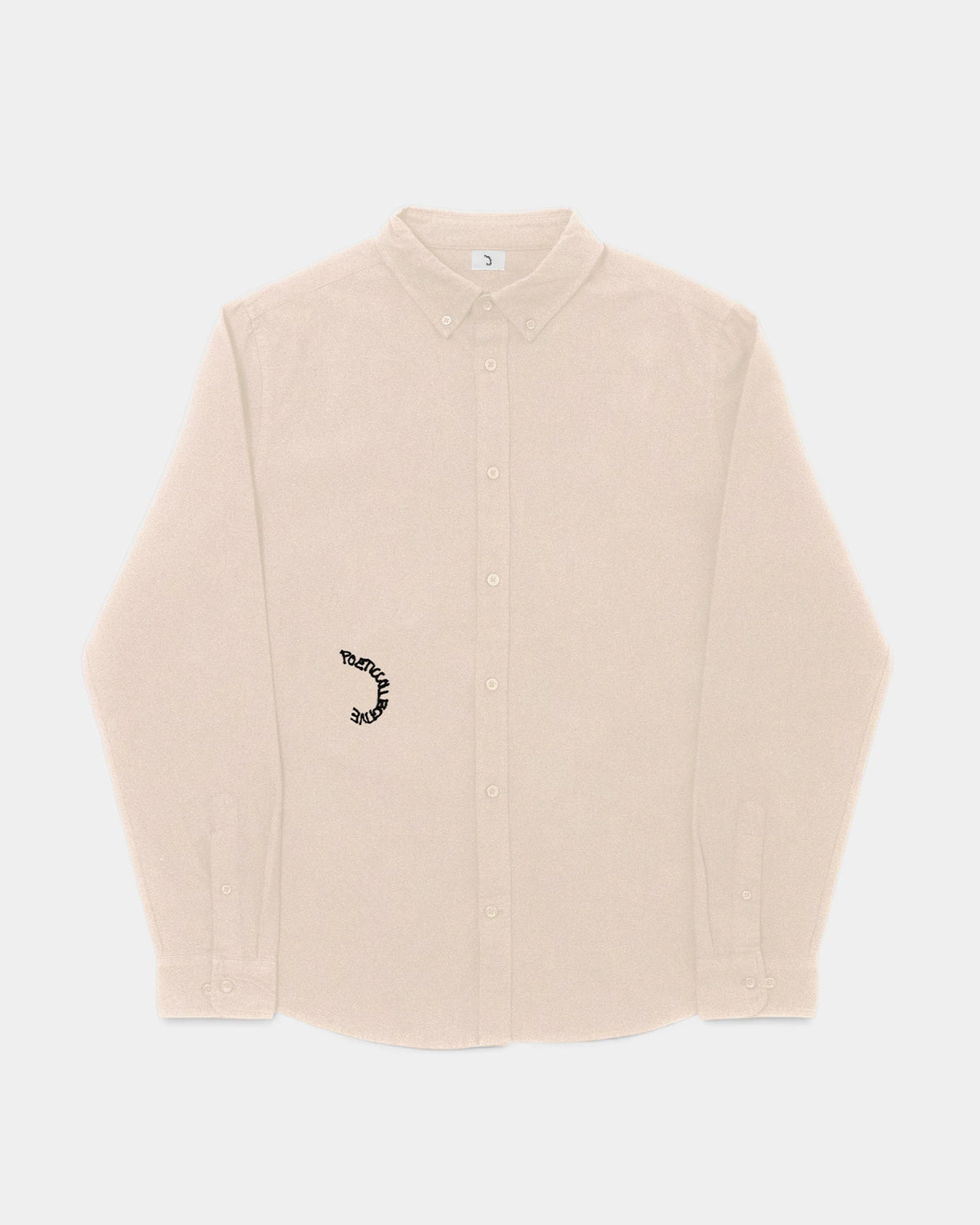 Lockwood Avenue Poetic Collective Spray Embroidery Shirt in beige, front view of the button-up with the spray logo embroidered in black near the hem