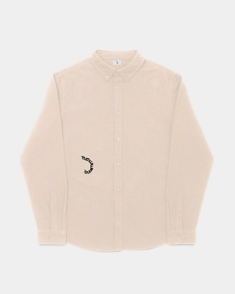 Lockwood Avenue Poetic Collective Spray Embroidery Shirt in beige, front view of the button-up with the spray logo embroidered in black near the hem