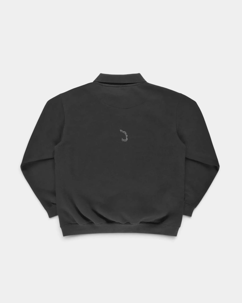 Lockwood Avenue Poetic Collective Spray Heavy Polo in black seen from the back, a small tonal spray logo between the shoulders