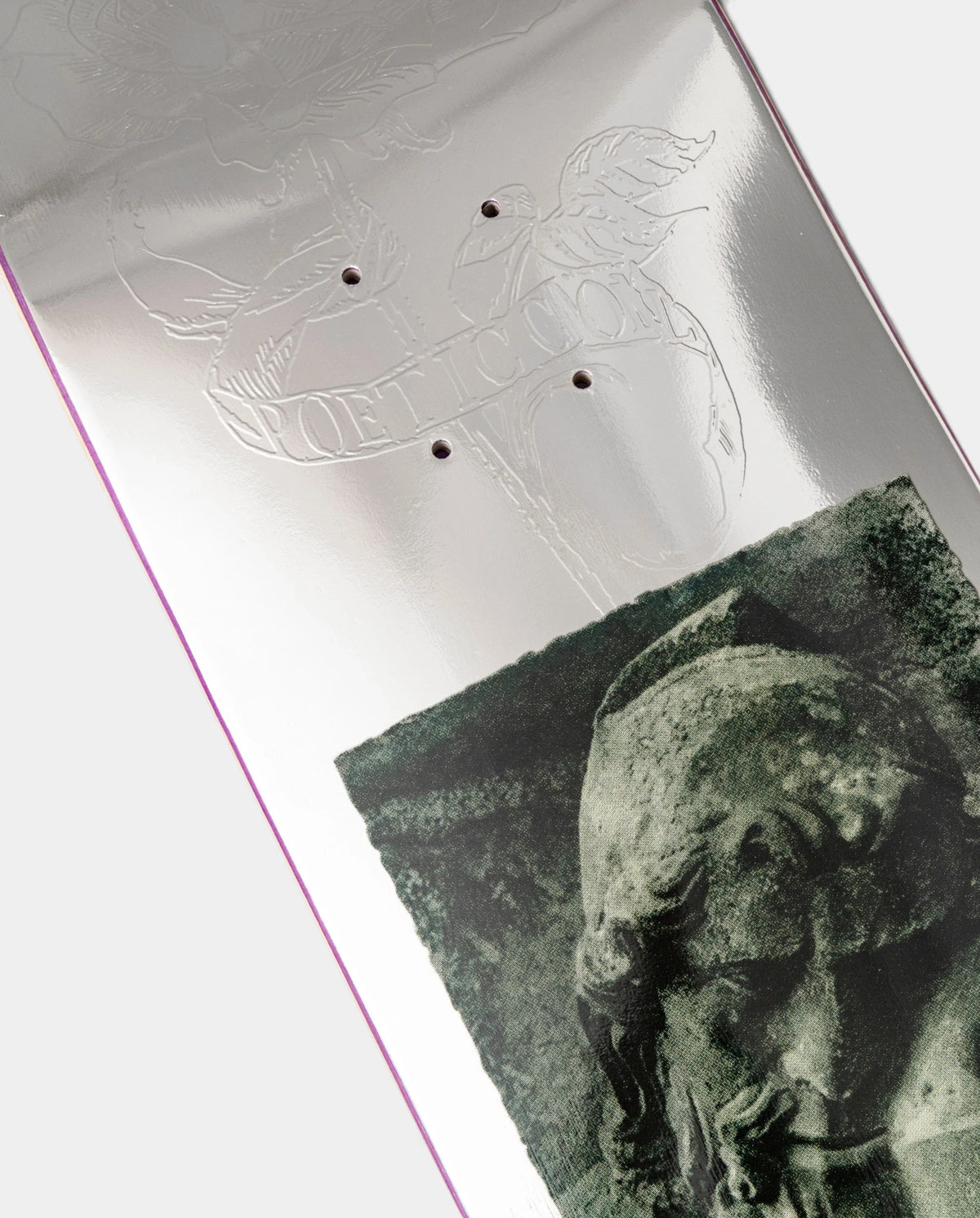 Lockwood Avenue Poetic Collective Thinking About You deck, close up of the silver foil with the rose drawing embossed above the statue photo