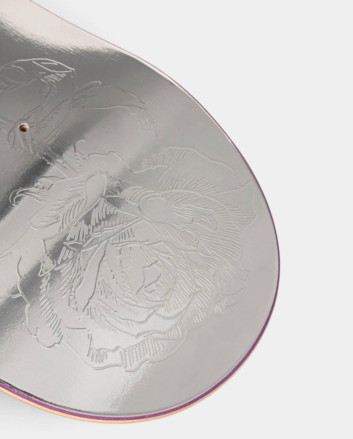 Lockwood Avenue Poetic Collective Thinking About You deck, close up of the embossed rose drawing on the silver foil at the nose