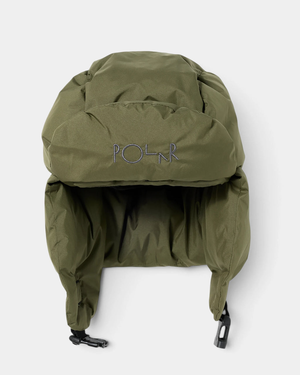 Lockwood Avenue Polar Ailu Puffer Hat in Army Green, front view of the down trapper cap with its folded peak and ear flaps