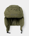 Lockwood Avenue Polar Ailu Puffer Hat in Army Green, front view of the down trapper cap with its folded peak and ear flaps