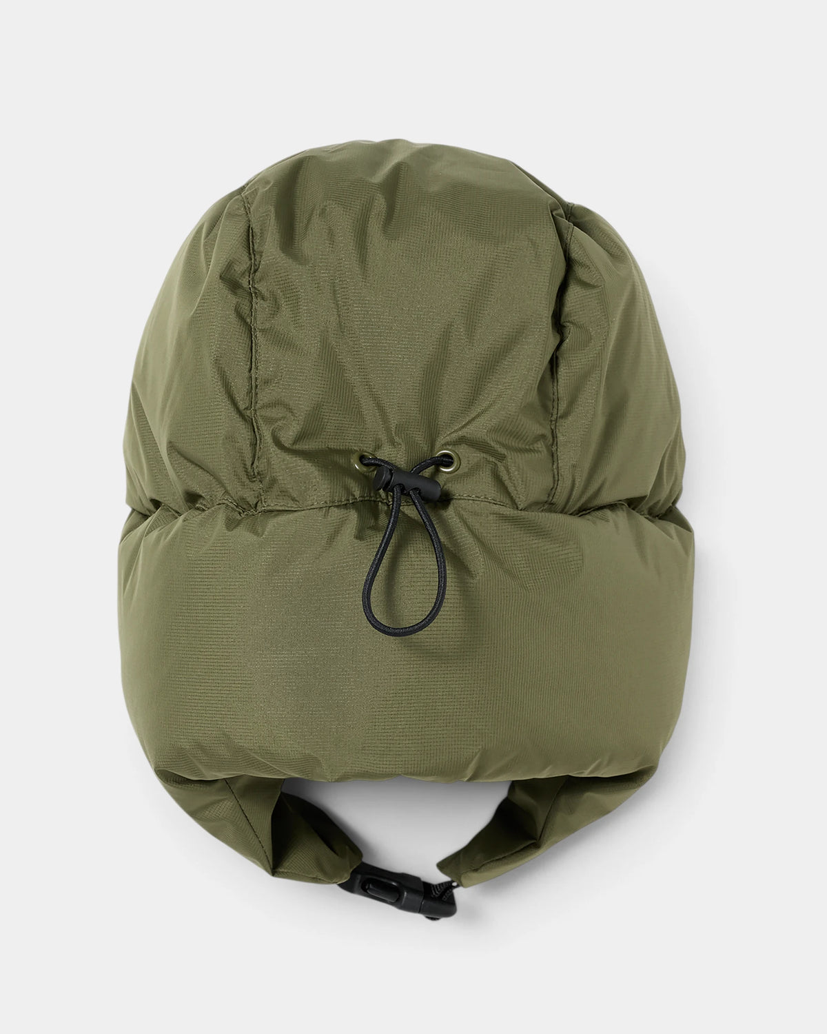Lockwood Avenue Polar Ailu Puffer Hat in Army Green seen from behind, the padded crown and its drawcord