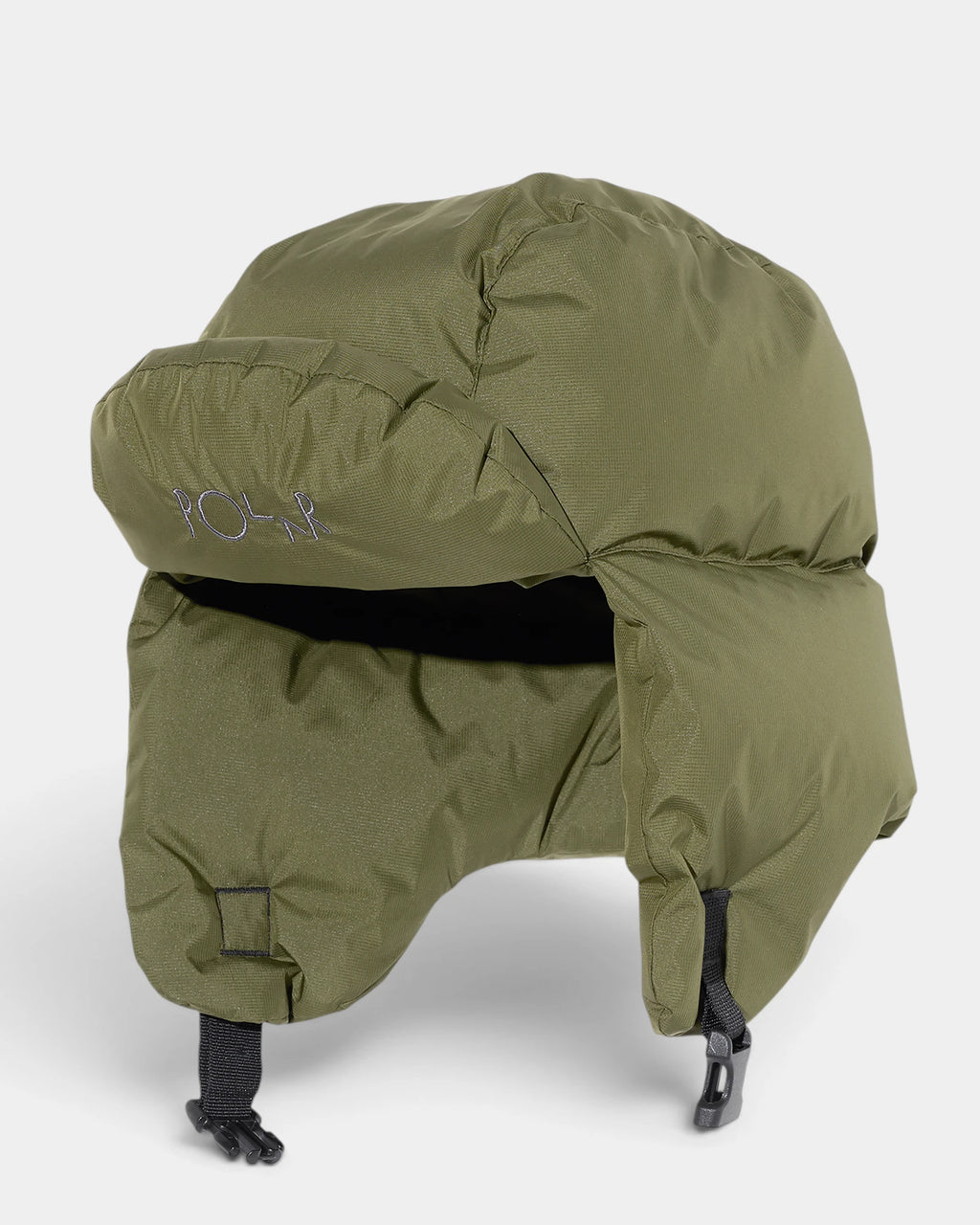 Lockwood Avenue Polar Ailu Puffer Hat in Army Green at an angle, showing the ear and neck panel with its buckle fastening