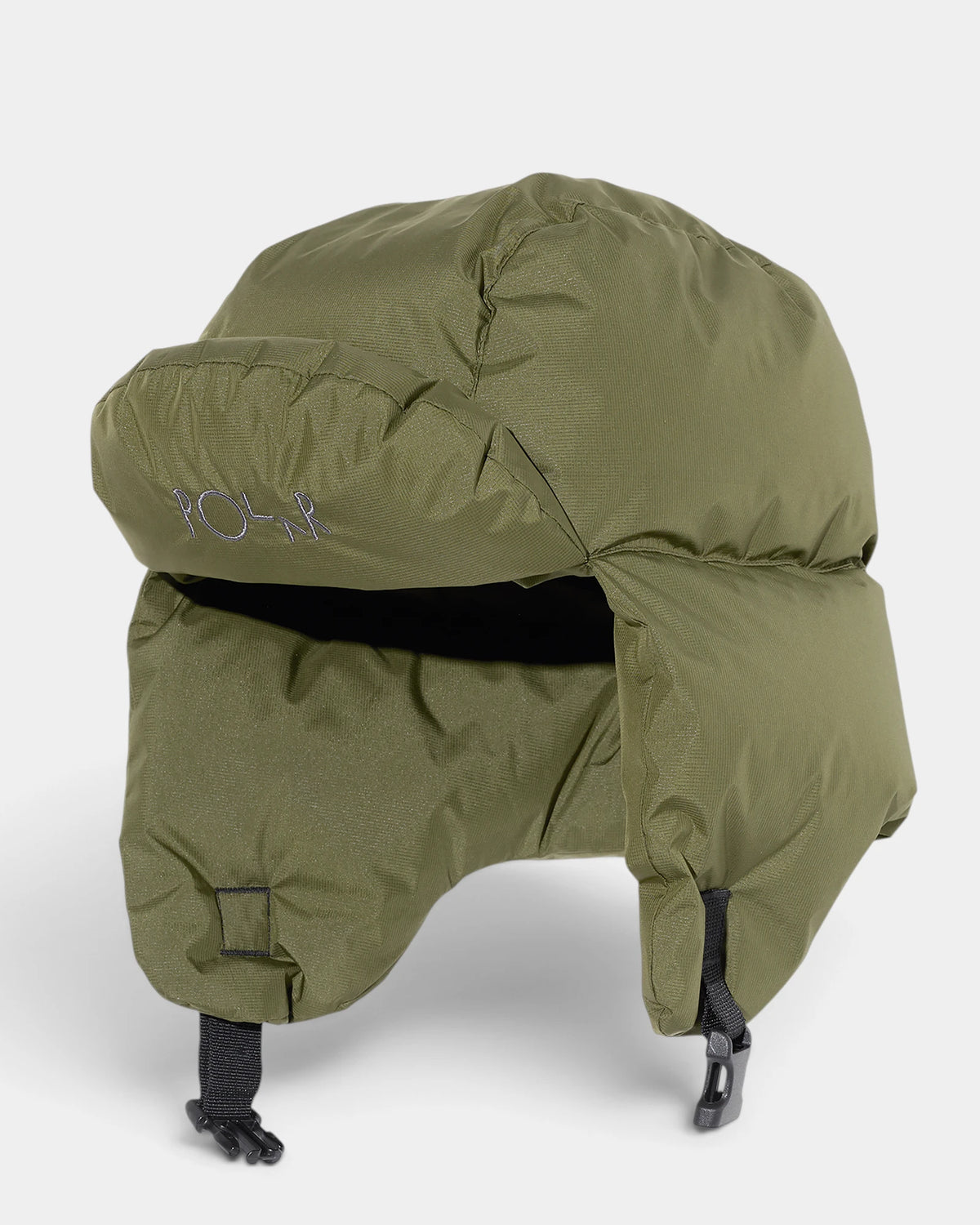 Lockwood Avenue Polar Ailu Puffer Hat in Army Green at an angle, showing the ear and neck panel with its buckle fastening