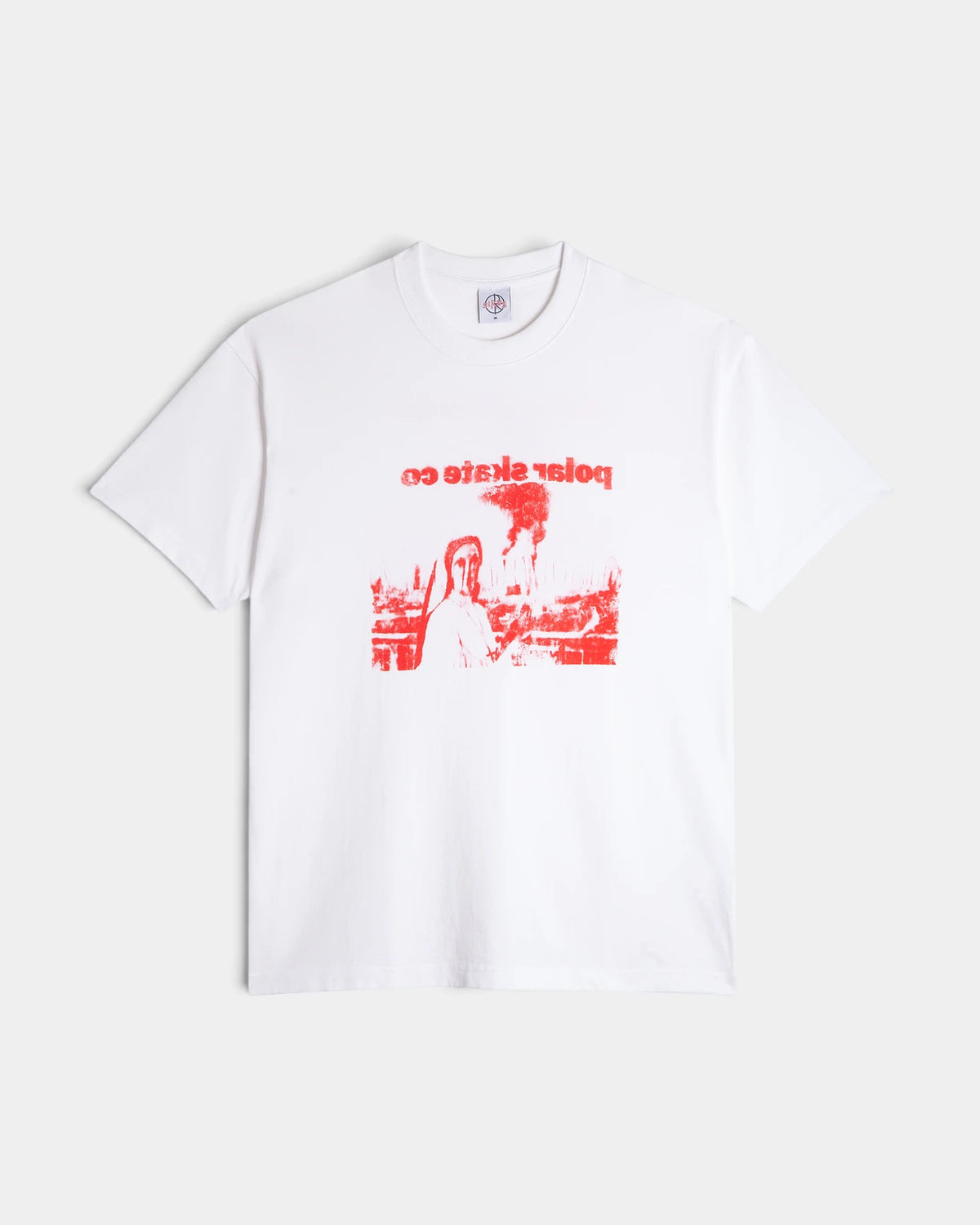 Lockwood Avenue Polar Apocalypse Nun T-Shirt in white, front view of the red nun print with the lettering reversed
