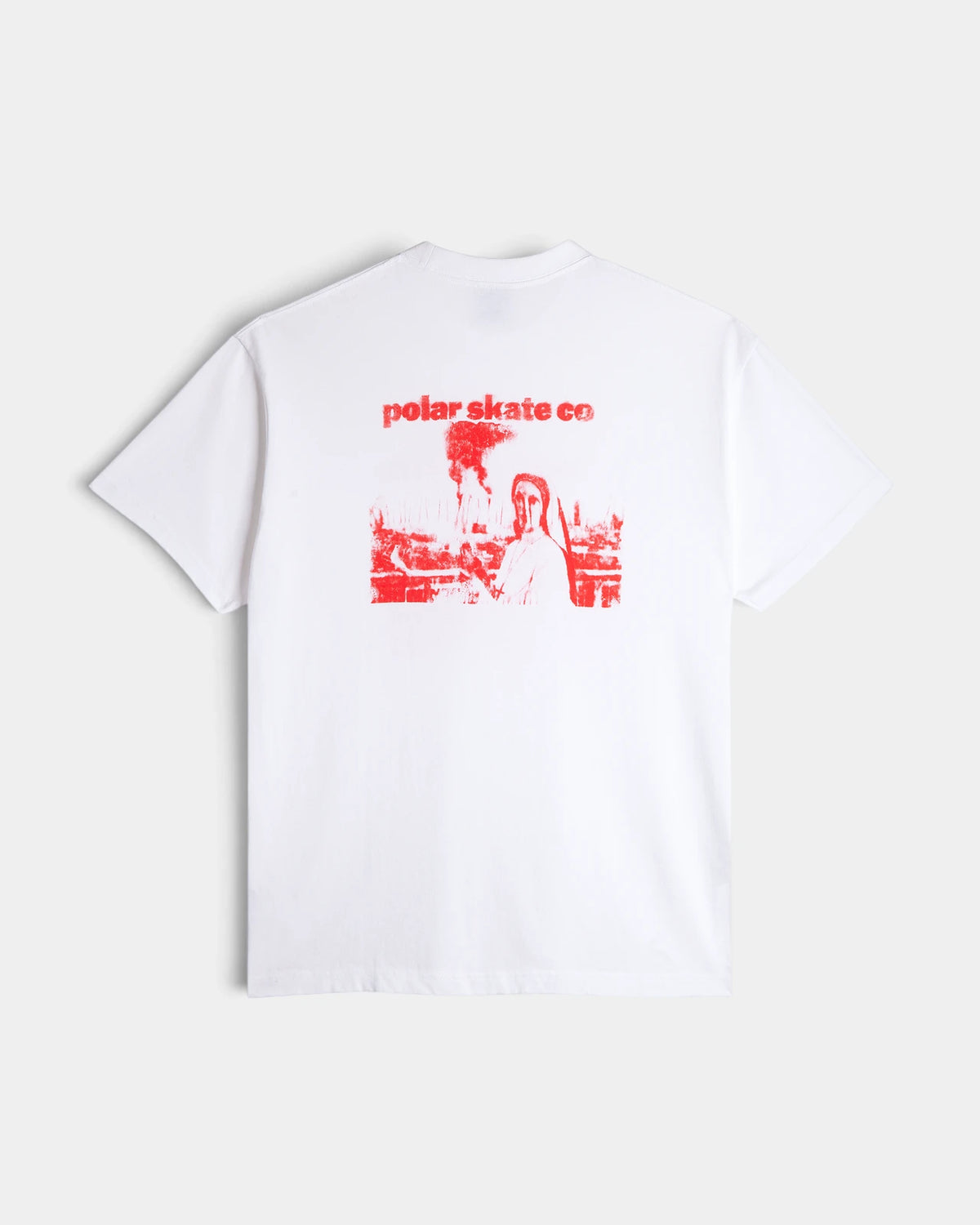Lockwood Avenue Polar Apocalypse Nun T-Shirt in white, front view with the red nun print and polar skate co lettering across the chest