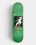 Polar Backside Smith 8.25 inch skateboard deck in green with a white figure sliding a board on a black panel, a yellow sun beside it and three yellow birds below