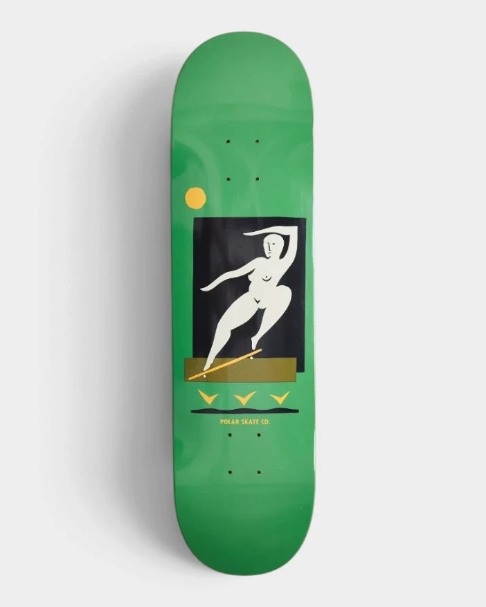Polar Backside Smith 8.25 inch skateboard deck in green with a white figure sliding a board on a black panel, a yellow sun beside it and three yellow birds below