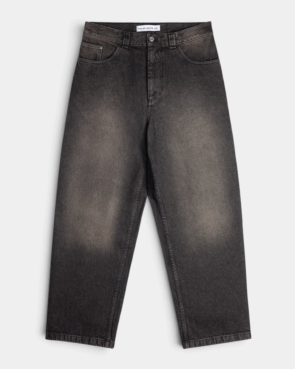 Lockwood Avenue Polar Big Boy Pants in Dirty Black, front view of the baggy faded black denim