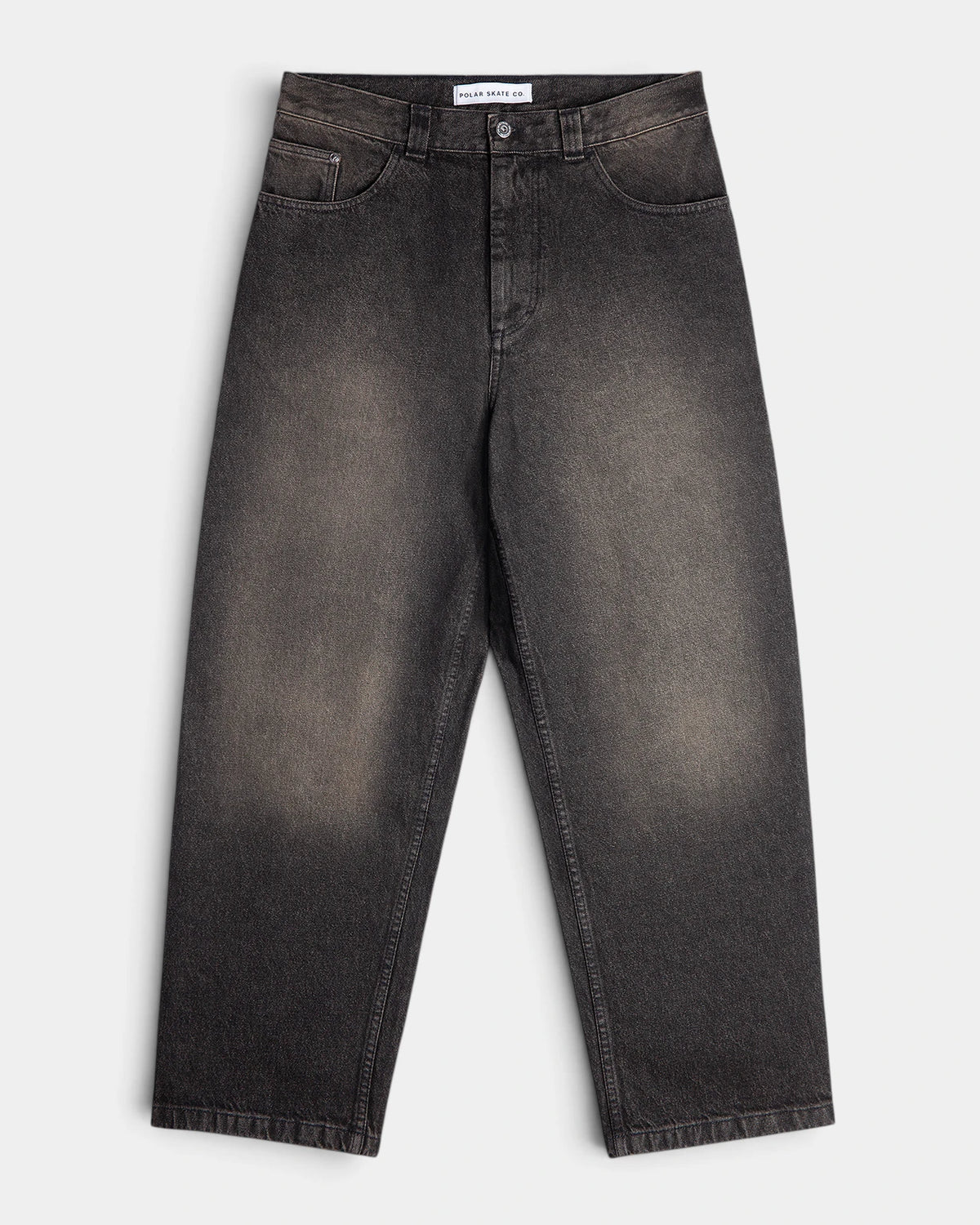 Lockwood Avenue Polar Big Boy Pants in Dirty Black, front view of the baggy faded black denim