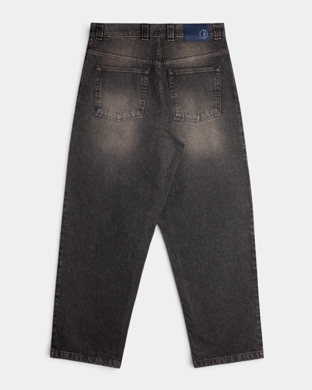 Lockwood Avenue Polar Big Boy Pants in Dirty Black seen from the back, two patch pockets and a blue brand tab at the waistband