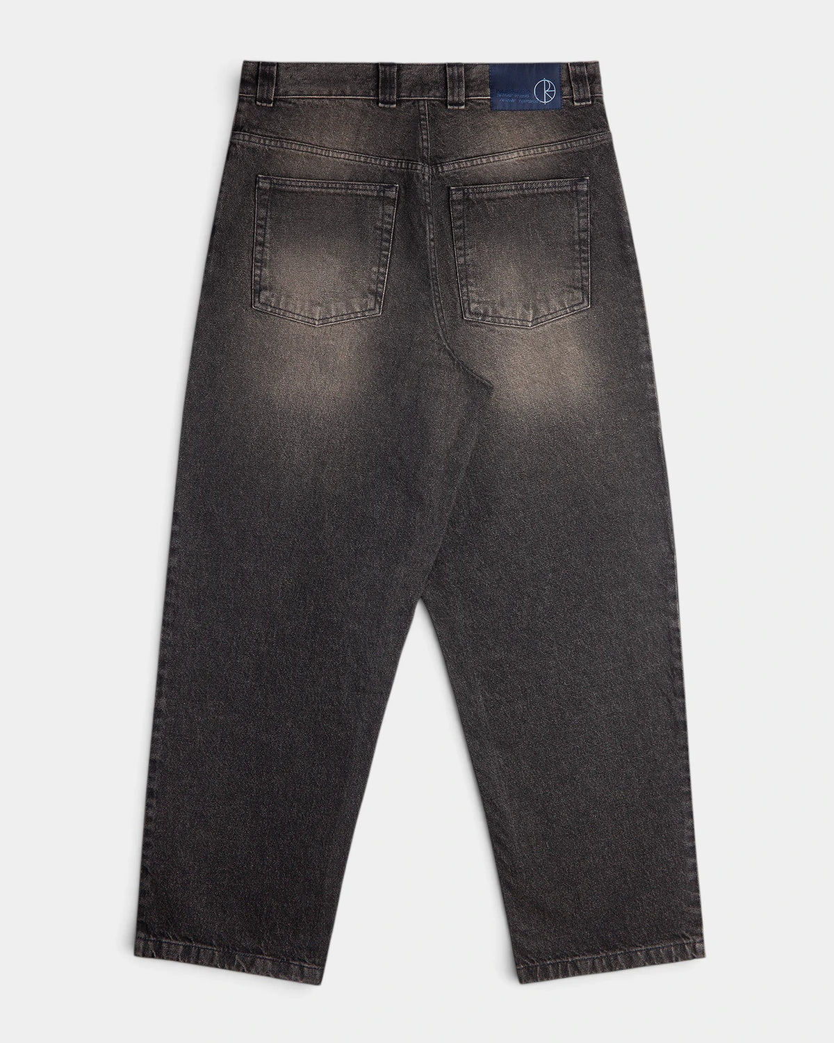 Lockwood Avenue Polar Big Boy Pants in Dirty Black seen from the back, two patch pockets and a blue brand tab at the waistband