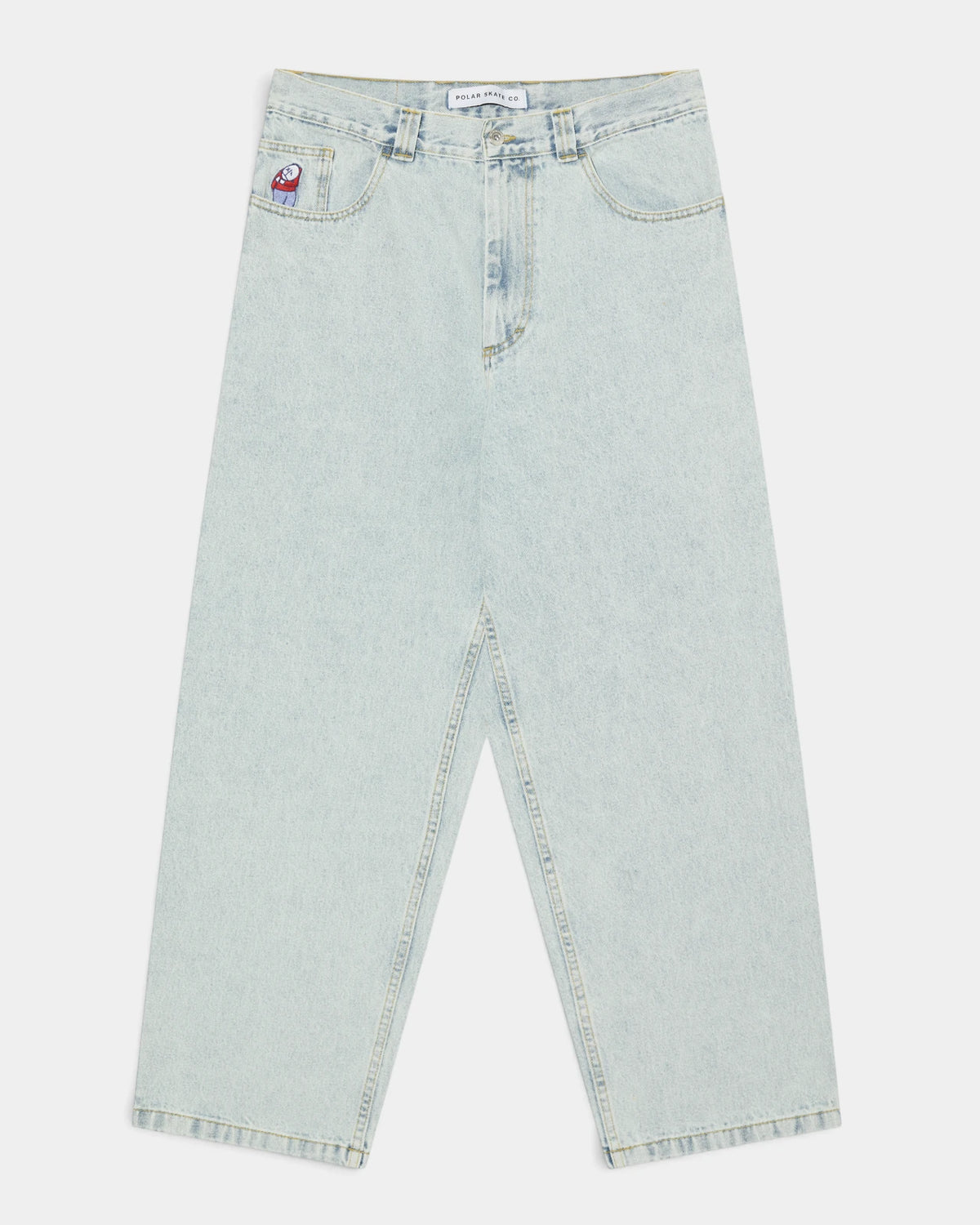 Lockwood Avenue Polar Big Boy Pants in Light Blue OG, front view of the baggy light wash denim with a logo patch at the hip