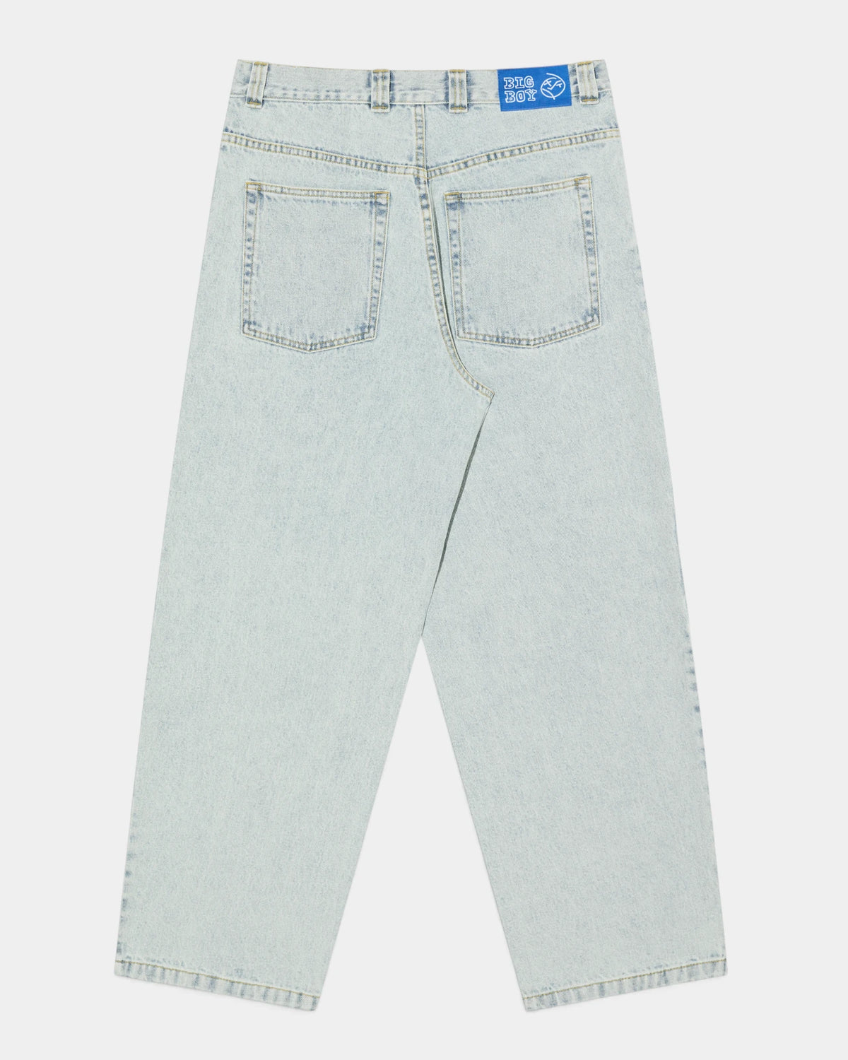 Lockwood Avenue Polar Big Boy Pants in Light Blue OG seen from the back, two patch pockets and a blue brand tab at the waistband