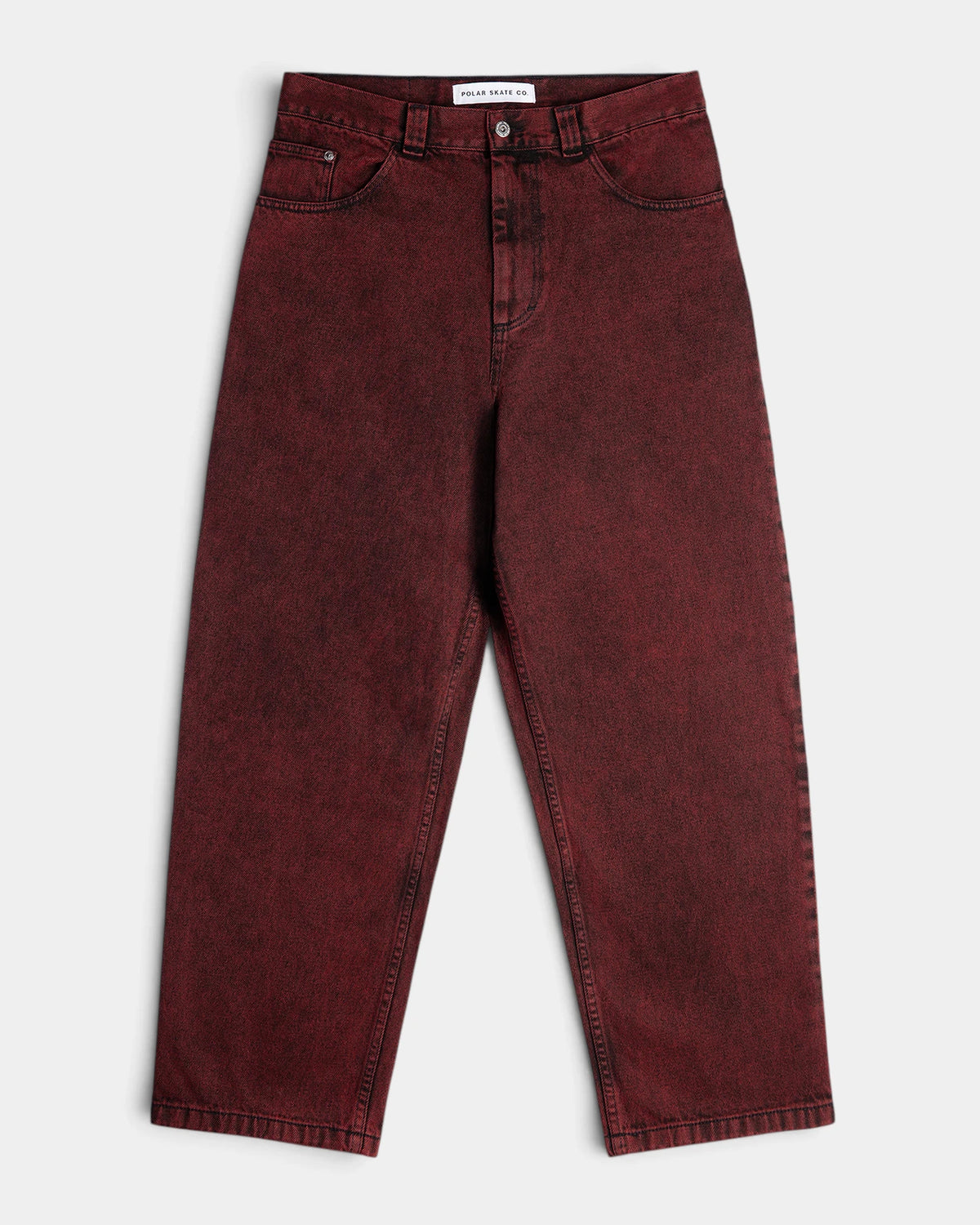 Lockwood Avenue Polar Big Boy Pants in Red Black, front view of the baggy overdyed denim
