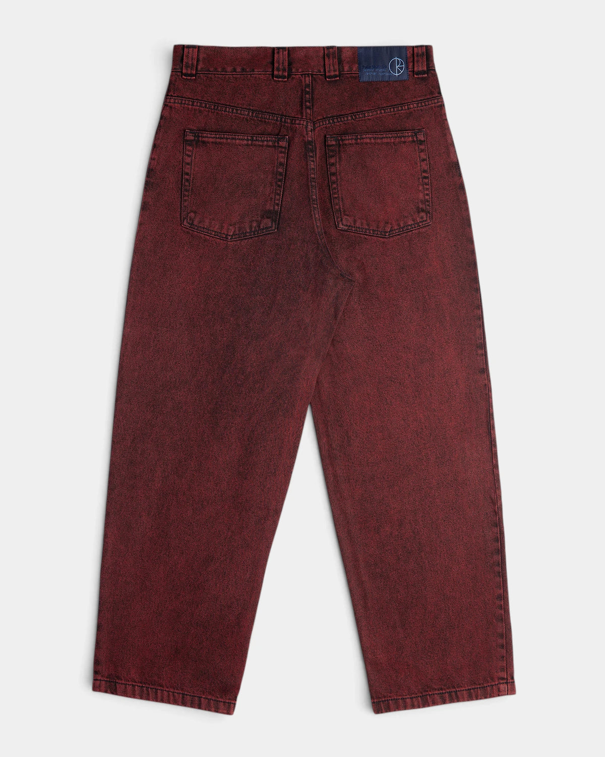 Lockwood Avenue Polar Big Boy Pants in Red Black seen from the back, two patch pockets and a blue brand tab at the waistband