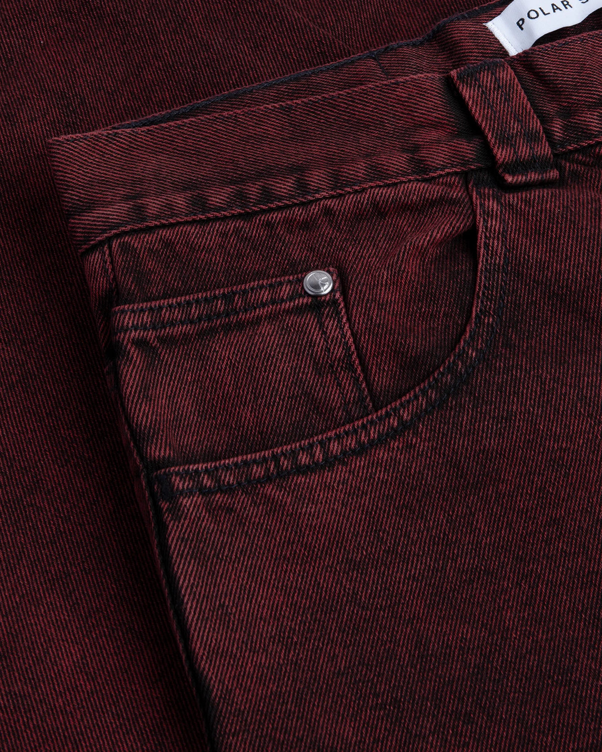 Lockwood Avenue Polar Big Boy Pants in Red Black, close up of the front pocket and the branded shank button
