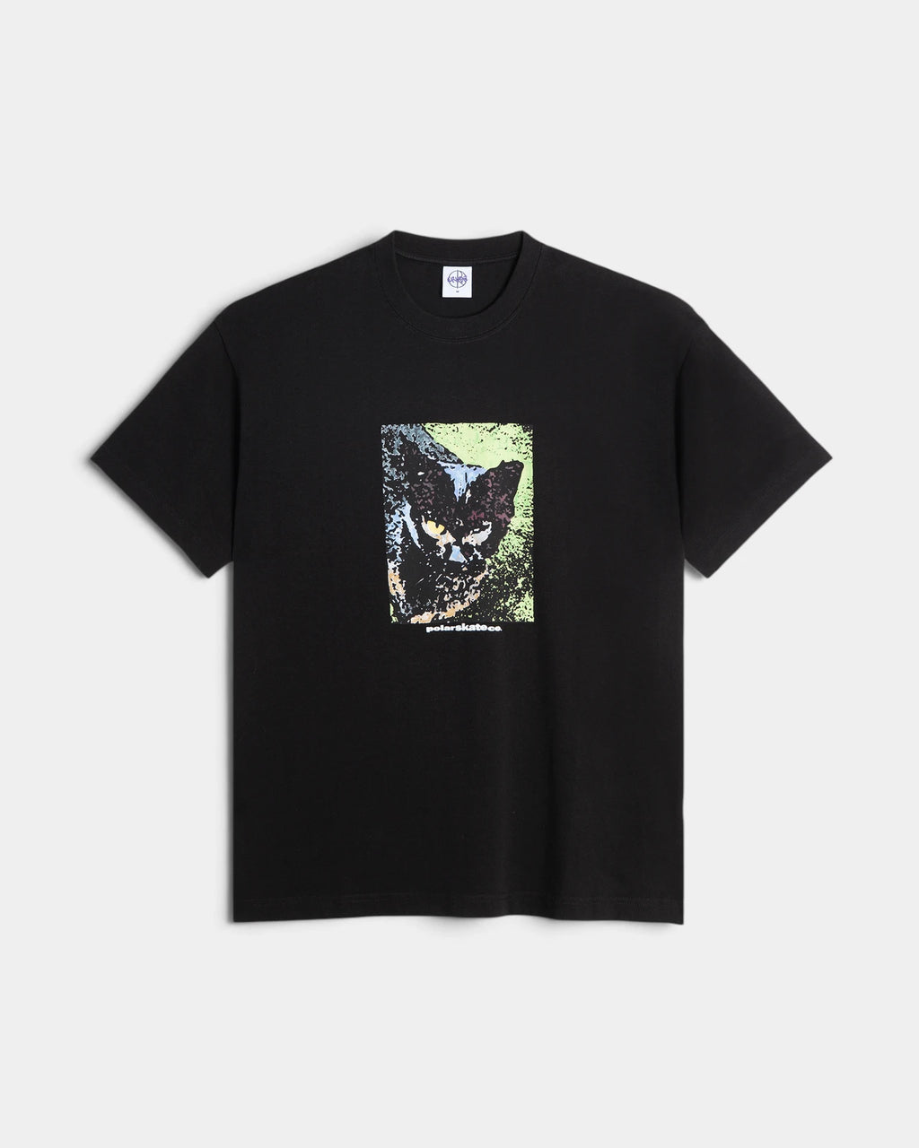 Lockwood Avenue Polar Cat T-Shirt in black, front view with the green and black cat photo print on the chest