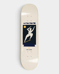 Polar Emile Crooks 8.375 inch skateboard deck in cream with a white figure skating a board on a navy panel, a yellow sun above and a small yellow bird mark below