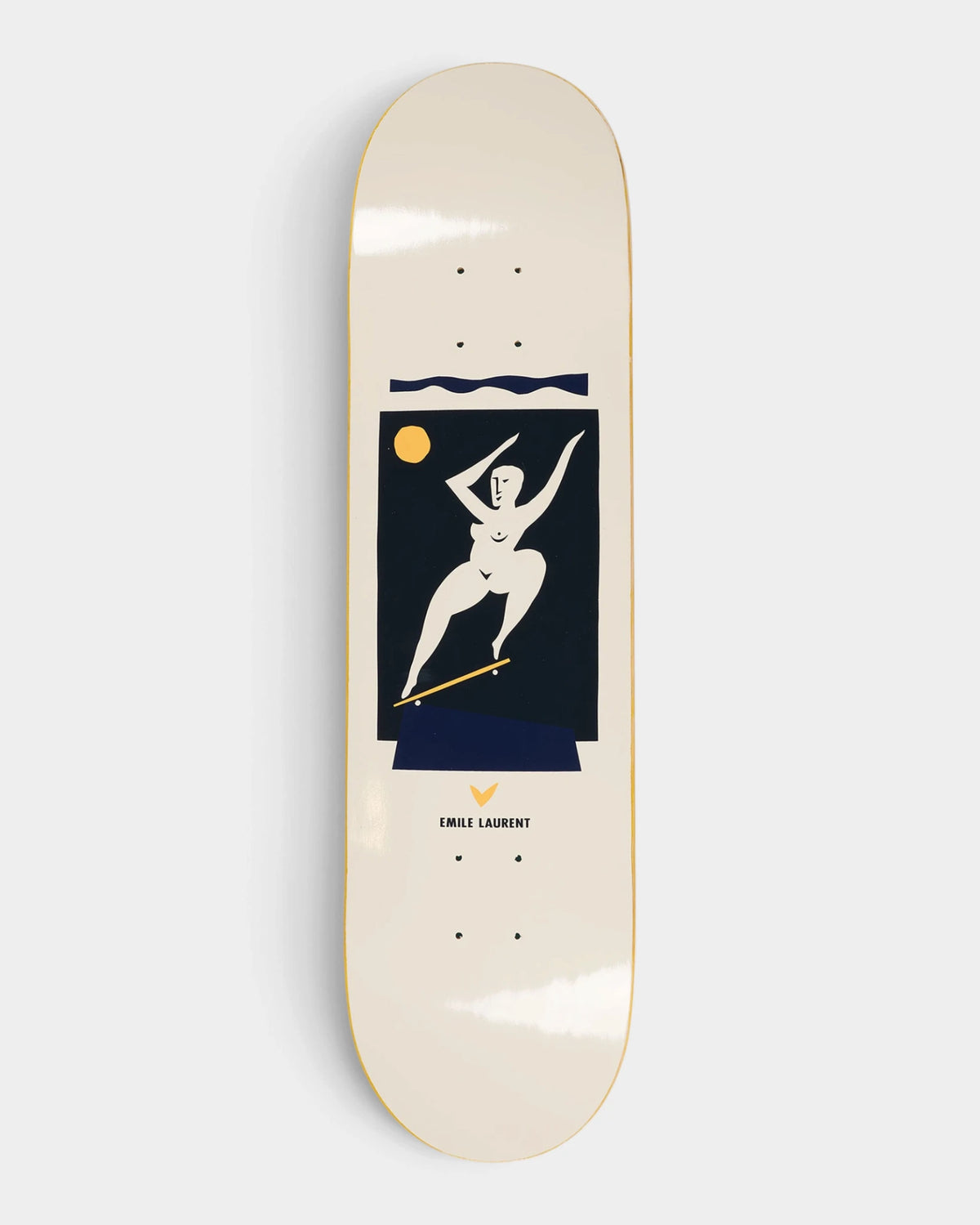 Polar Emile Crooks 8.375 inch skateboard deck in cream with a white figure skating a board on a navy panel, a yellow sun above and a small yellow bird mark below