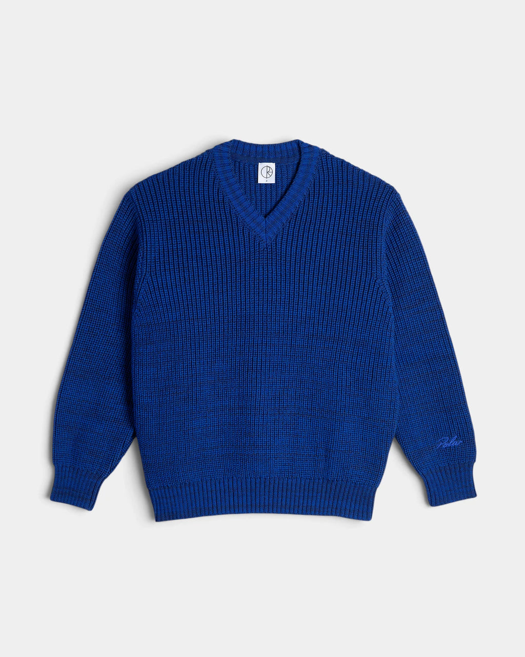 Lockwood Avenue Polar Eve Sweater in Blue Melange, front view of the ribbed knit with a V-neck