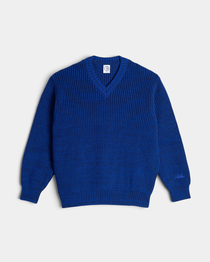 Lockwood Avenue Polar Eve Sweater in Blue Melange, front view of the ribbed knit with a V-neck