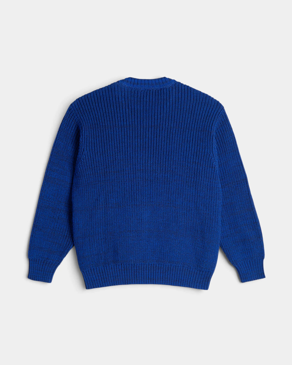 Lockwood Avenue Polar Eve Sweater in Blue Melange seen from the back, plain ribbed knit with a crew neckline