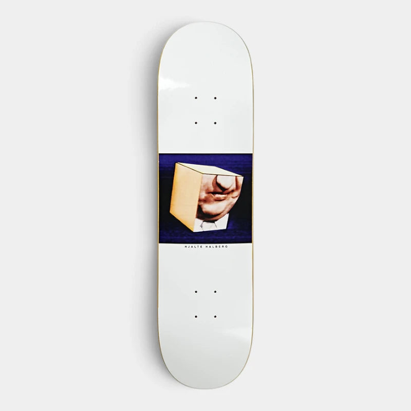 Lockwood Avenue Polar Hjalte Hallberg Isolation 8.0 inch skateboard deck featuring a cube with a mouth image on a blue panel on a white board