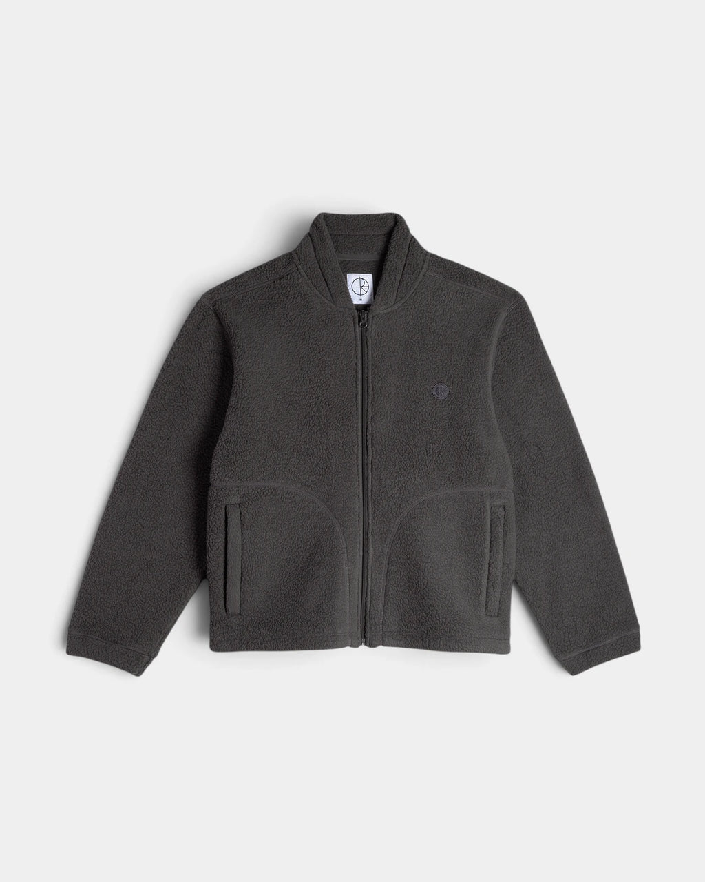 Lockwood Avenue Polar Roman Fleece Jacket in Dirty Black, front view with the zip closed, a stand collar and two curved welt pockets