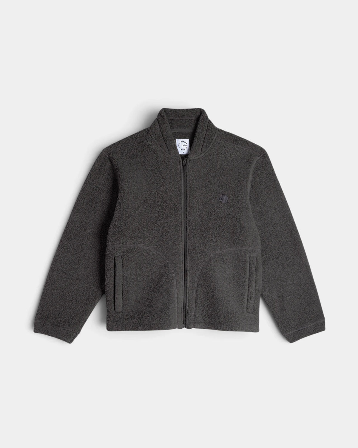 Lockwood Avenue Polar Roman Fleece Jacket in Dirty Black, front view with the zip closed, a stand collar and two curved welt pockets