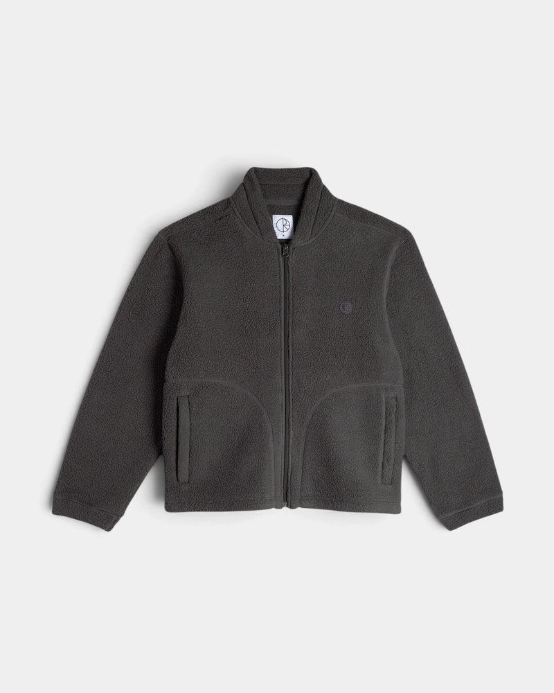Lockwood Avenue Polar Roman Fleece Jacket in Dirty Black, front view with the zip closed, a stand collar and two curved welt pockets