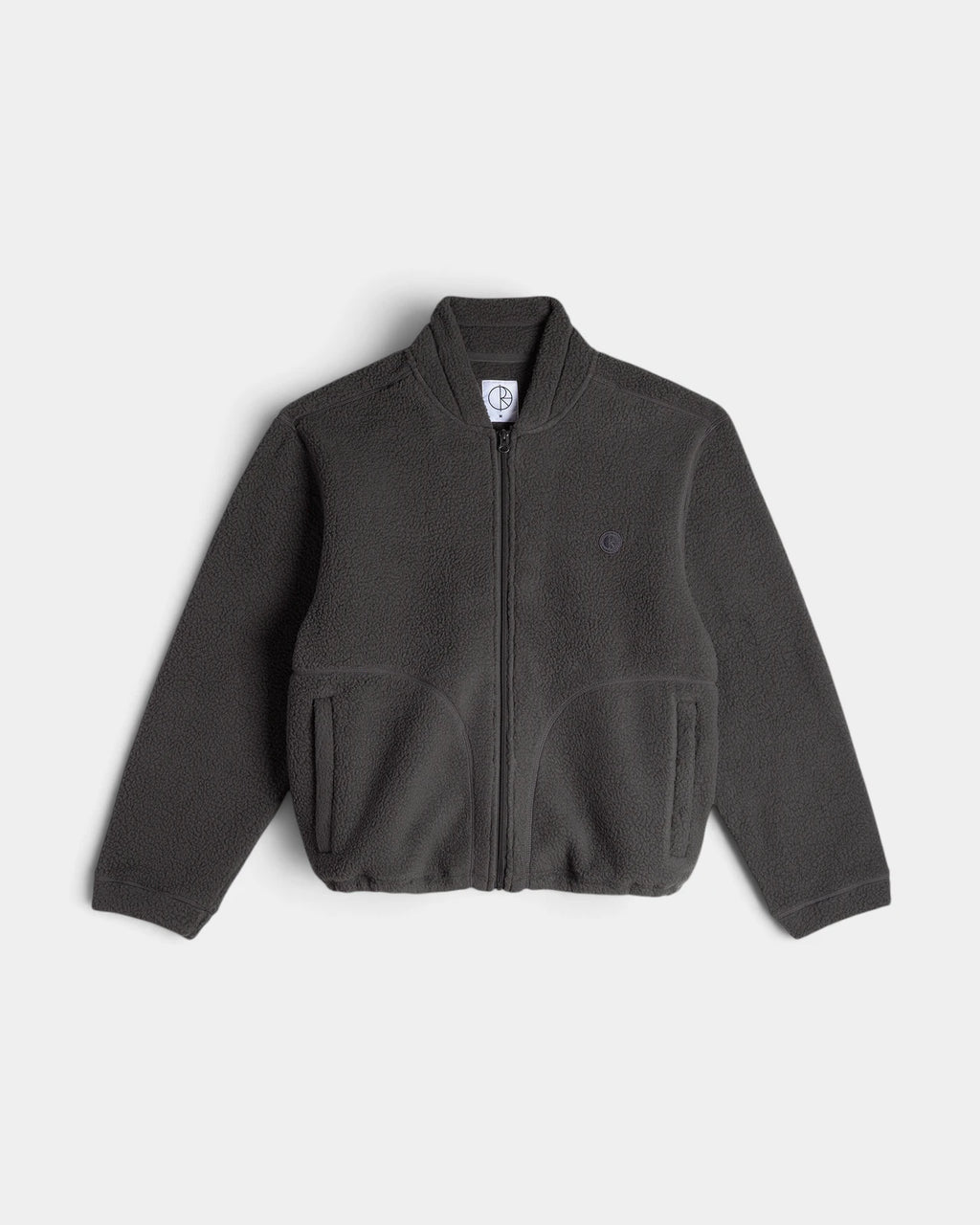 Lockwood Avenue Polar Roman Fleece Jacket in Dirty Black, front view with the hem drawn in on its cord and the embroidered logo patch on the chest