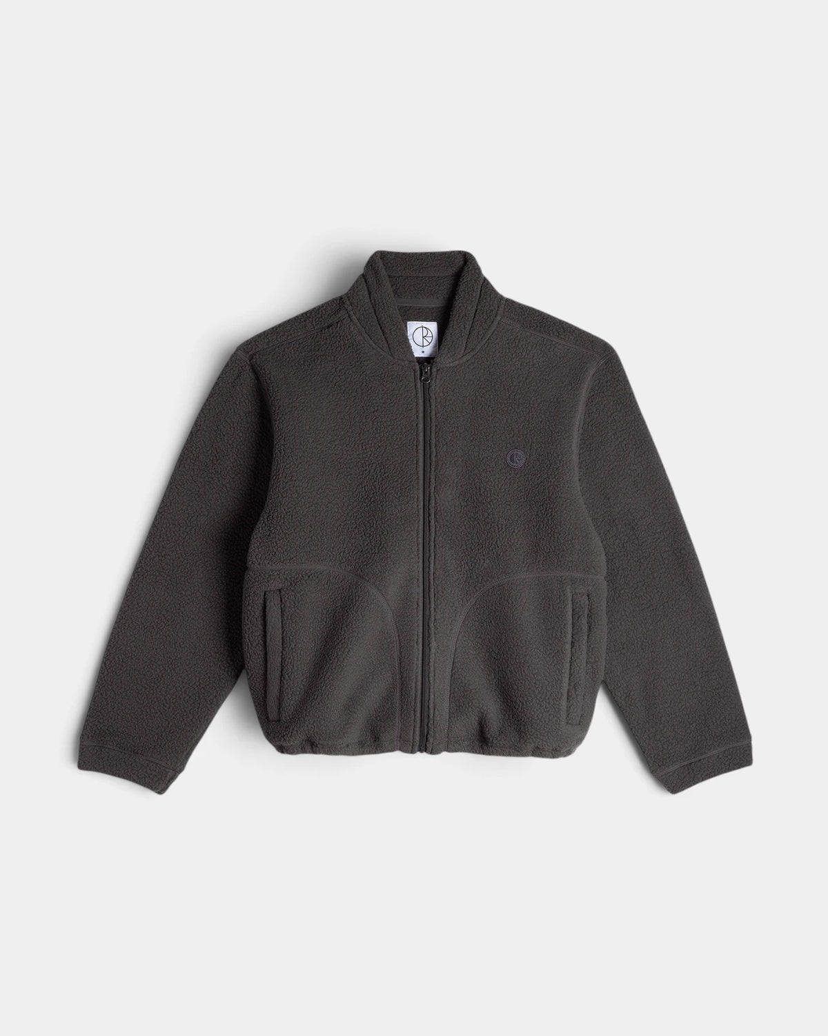 Lockwood Avenue Polar Roman Fleece Jacket in Dirty Black, front view with the hem drawn in on its cord and the embroidered logo patch on the chest