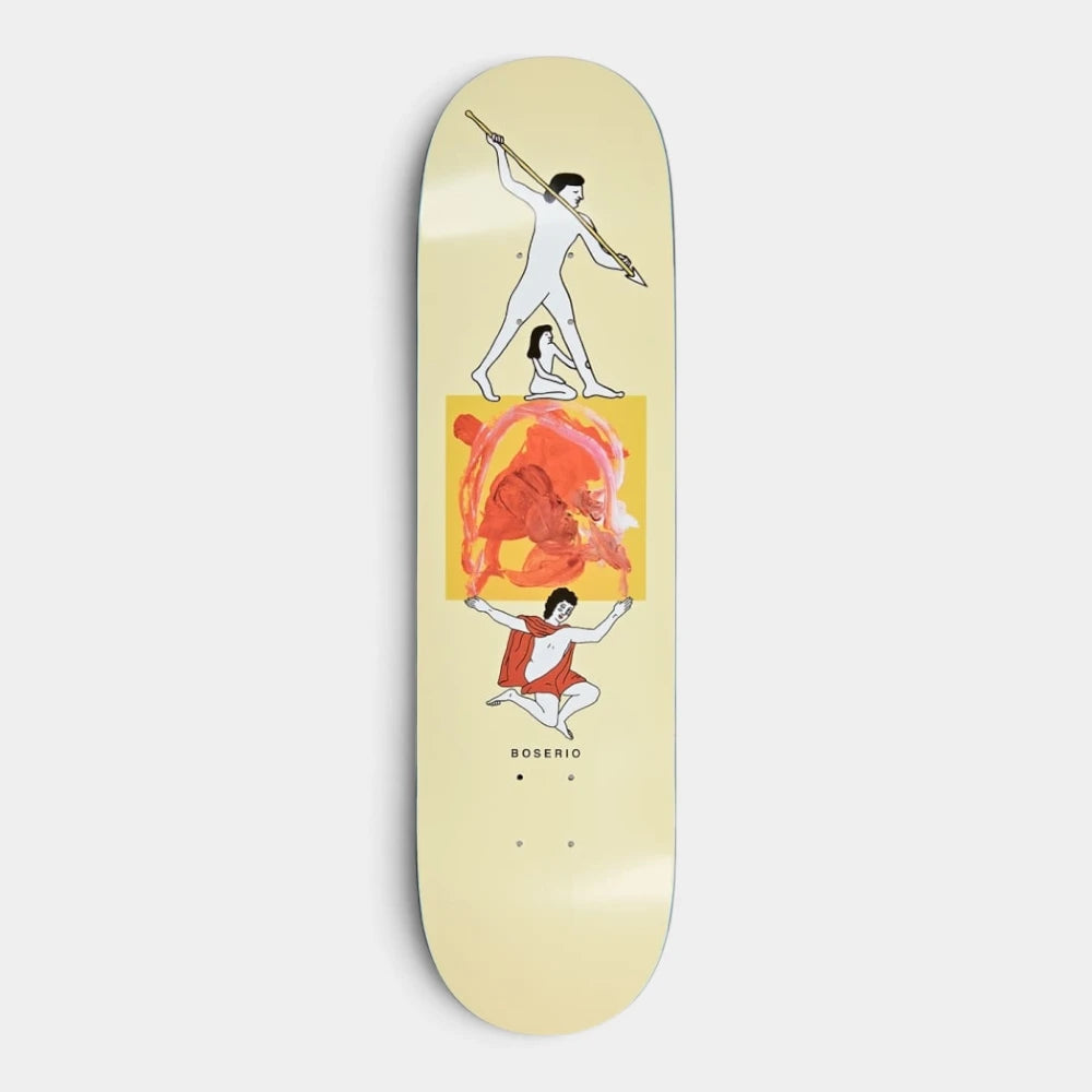 Lockwood Avenue Polar Nick Boserio Family Cream 8.375 inch skateboard deck with three stacked figures around an orange painted square on cream