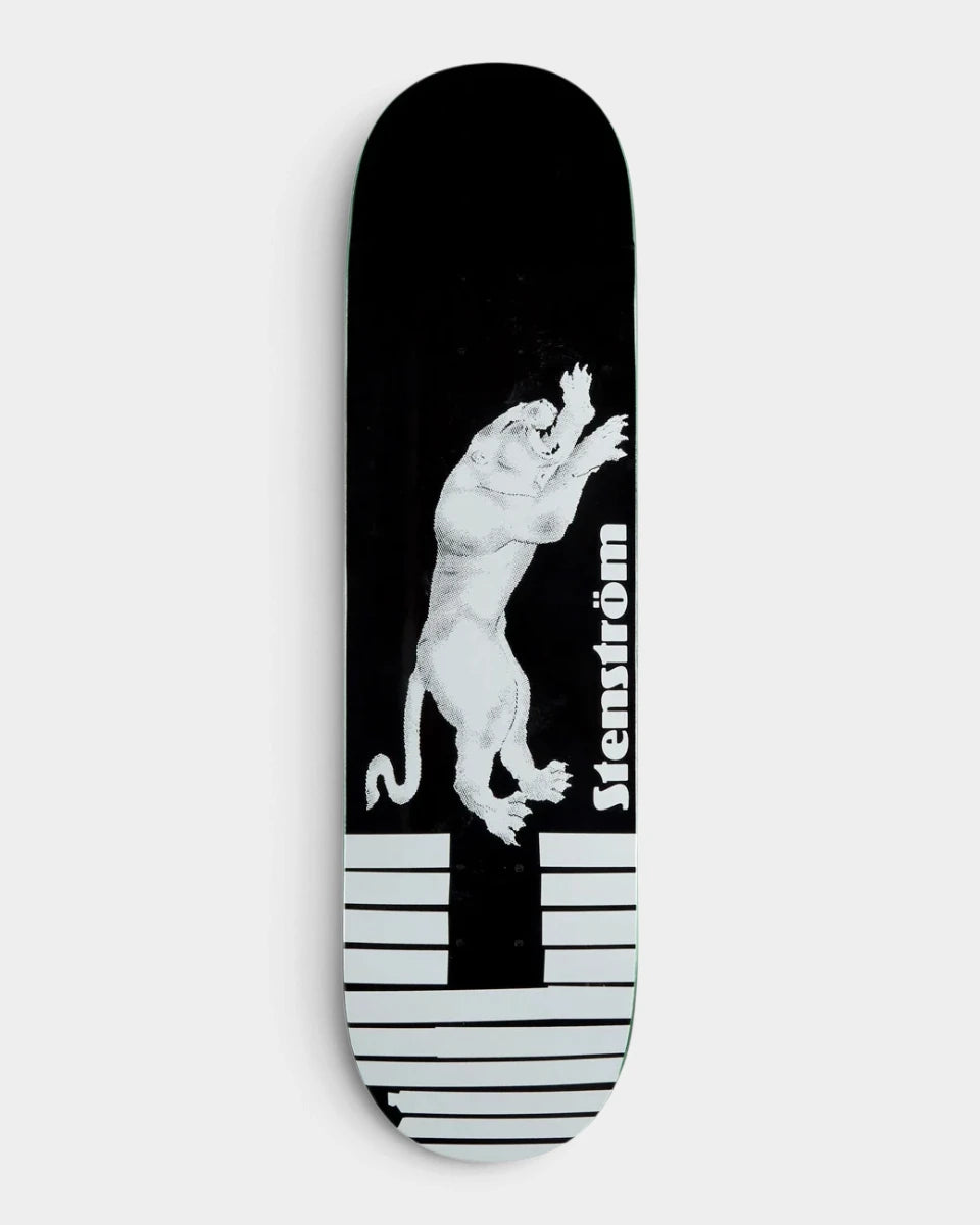 Polar Stenstrom Tape And Panther 8.25 inch skateboard deck in black with a white panther climbing above a block of white tape strips and the Stenstrom name