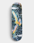 Polar Team Searching For Peace 8.5 inch skateboard deck with a rainbow-toned bird in flight over a black ground covered in white handwritten lettering